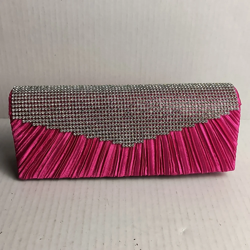 Satin Clutch Bag Faux Rhinestone Plaited Hot Pink Metal Strap Cocktail Party